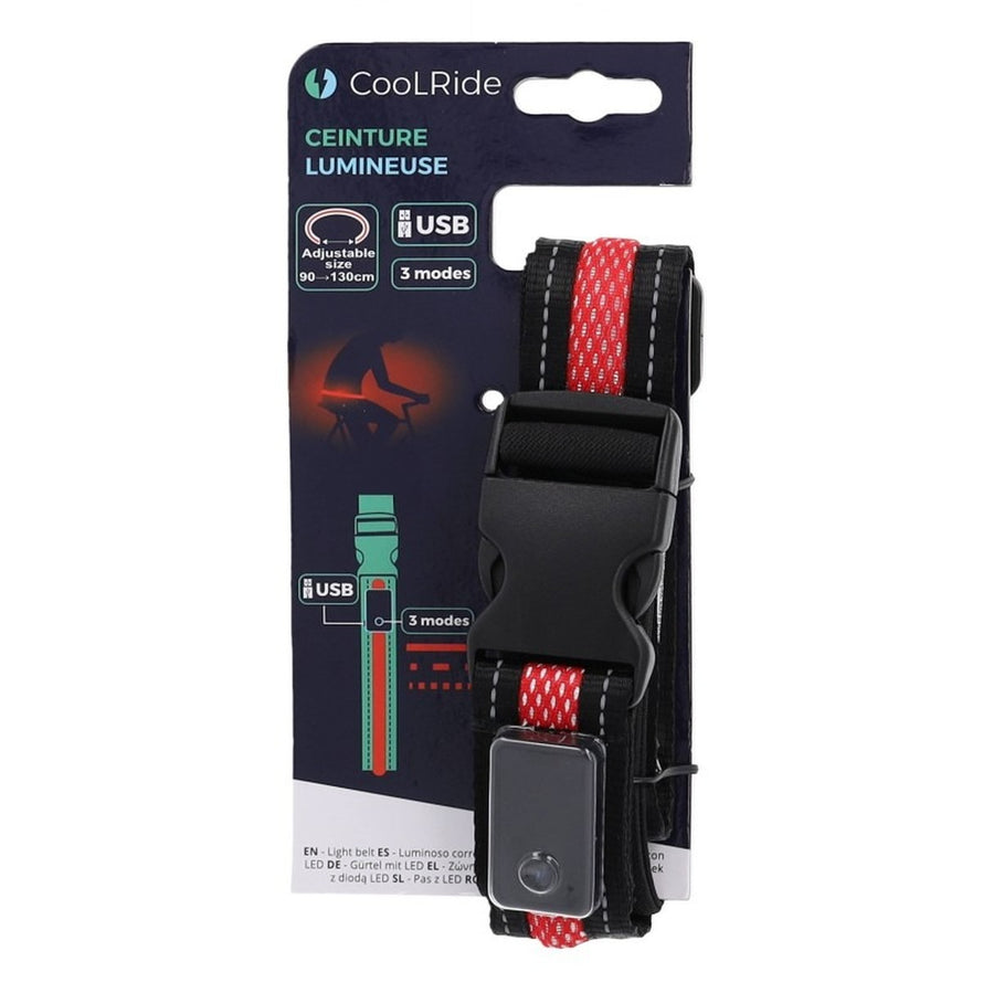 Ceinture Led USB Coolride avec bande rouge et 3 modes pour une securite optimale en velo la nuit