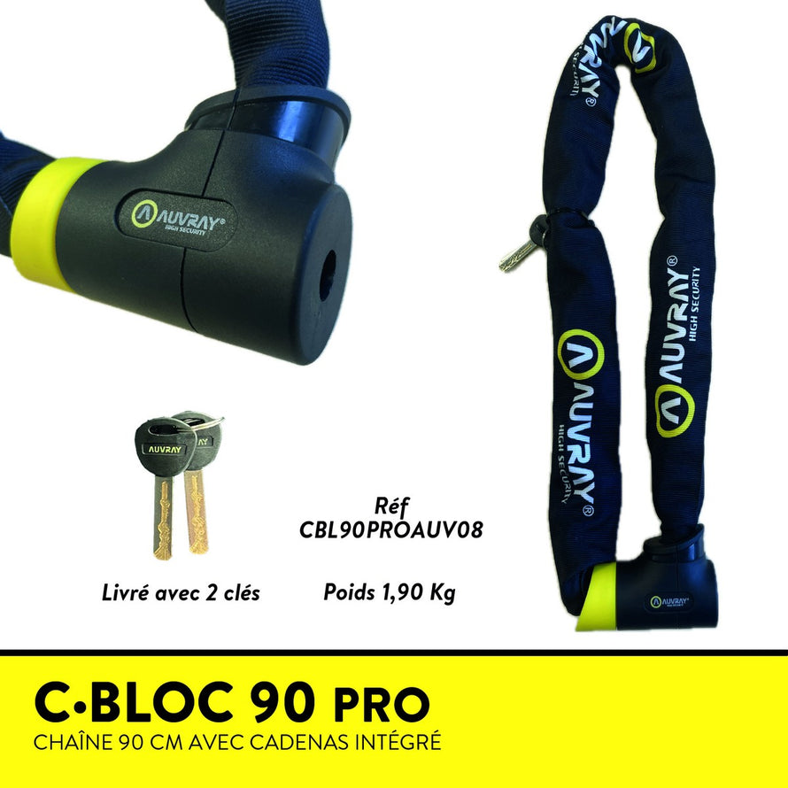Chaine antivol 90cm Auvray C-Bloc Pro avec cadenas intégré et protection textile pour vélo sécurisé