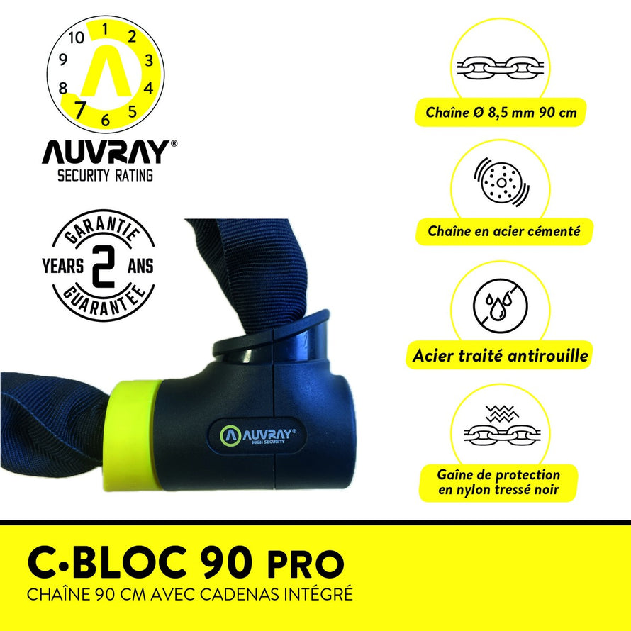 Antivol chaine 90cm Auvray C-Bloc Pro avec gaine nylon tressé et acier traité antirouille