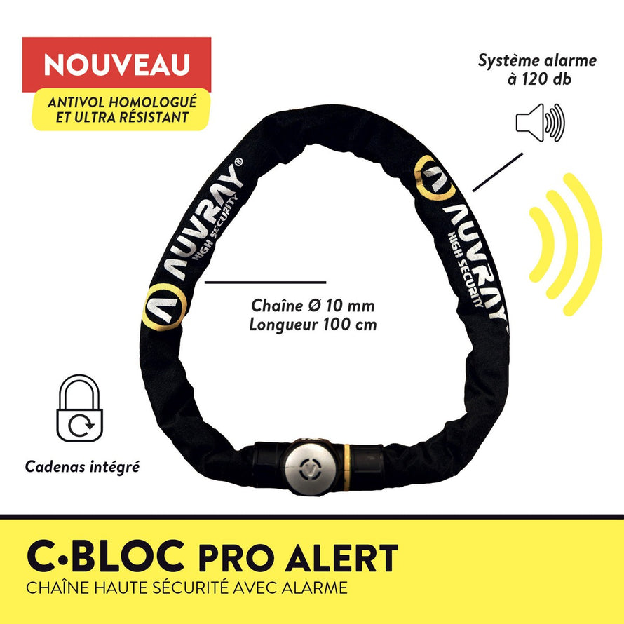 Chaîne antivol Auvray C-Bloc Alert 100 cm diamètre 10 mm avec alarme 120 db intégrée