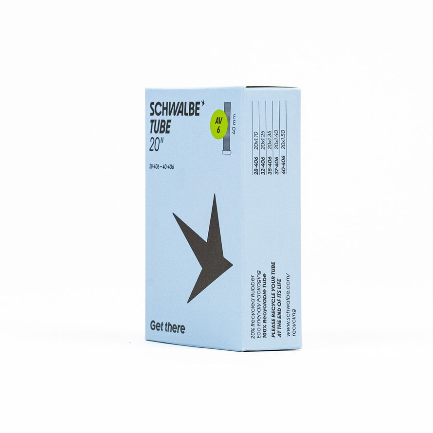 Emballage chambre a air 20 pouces Schwalbe avec details dimensions et type de valve AV6