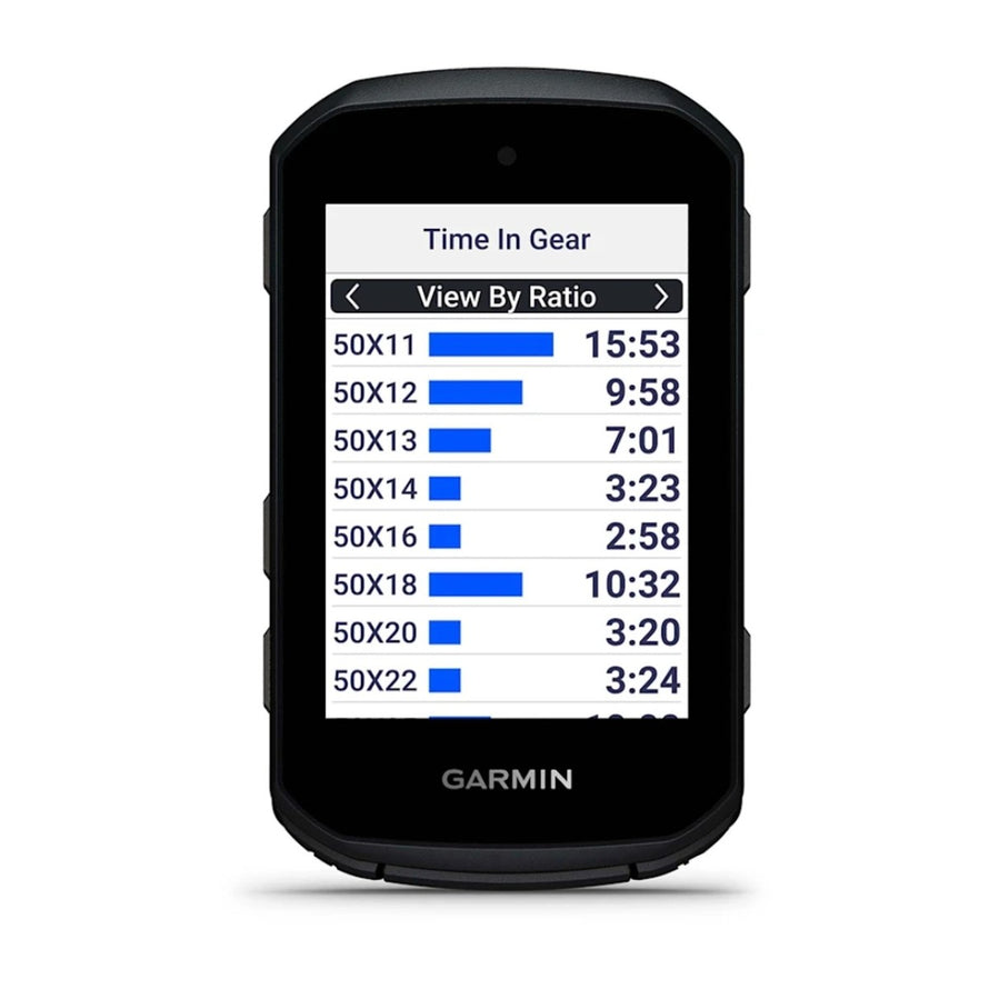 Compteur GPS Garmin Edge 550 affichant un rapport de vitesse et temps par pignon pour cyclisme