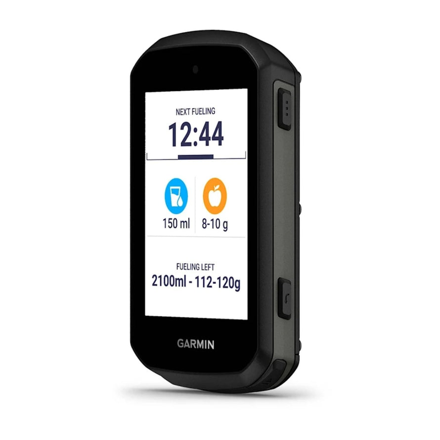 Compteur GPS Garmin Edge 550 en vue 3-4 avec ecran affichant les donnees de nutrition pour cyclisme