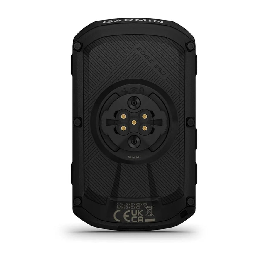 Vue arriere du compteur GPS Garmin Edge 550 montrant le connecteur et le design robuste pour cyclisme