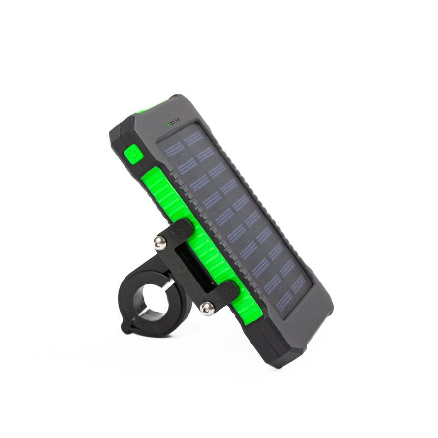 Batterie externe solaire 10 000 mAh avec support smartphone pour guidon de vélo, idéale pour recharger un téléphone en bikepacking ou voyage à vélo.