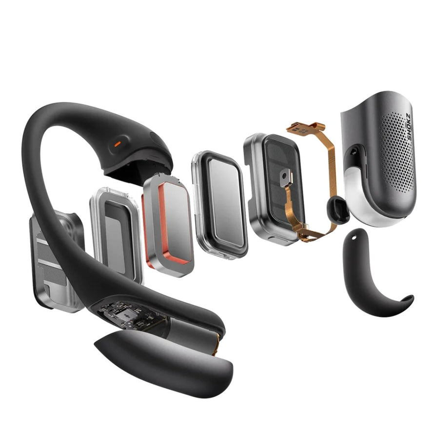Ecouteurs Bluetooth Shokz OpenFit Pro noirs avec composants internes visibles et technologie avancée de reduction de bruit