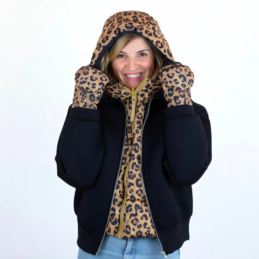 Capuche doudoune chaude et reversible Fudoon avec motifs leopard et mitaines pour cyclistes