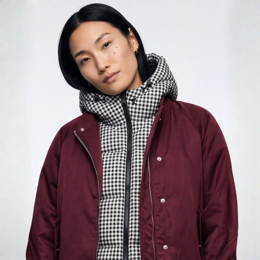 Capuche doudoune chaude reversible Fudoon motif vichy bordeaux pour cyclistes hiver confort et style