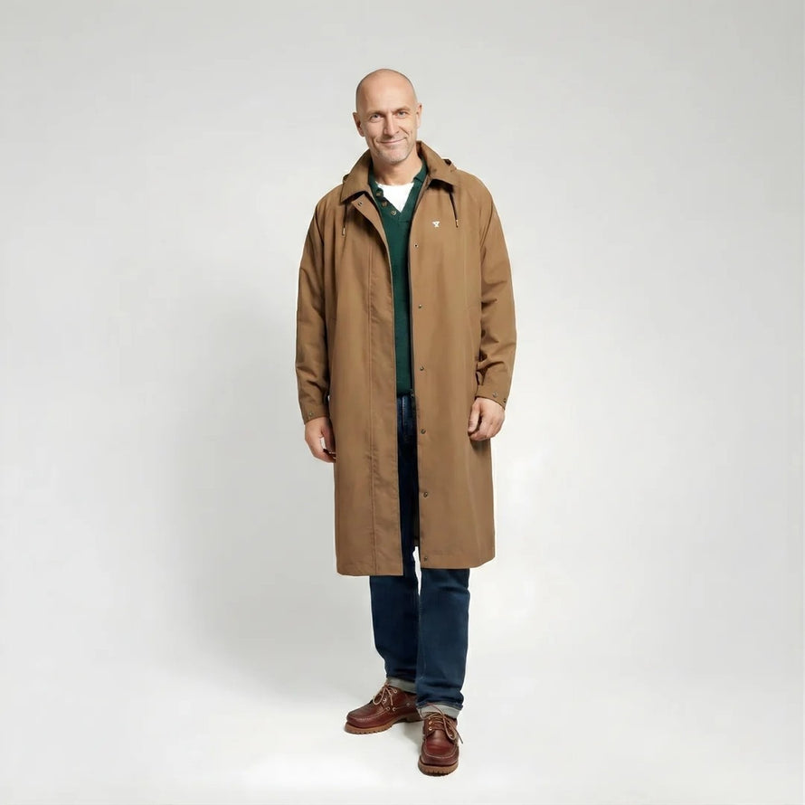 Trench-coat impermeable unisexe Fudoon marron, coupe longue droite, look epure et protection efficace contre la pluie
