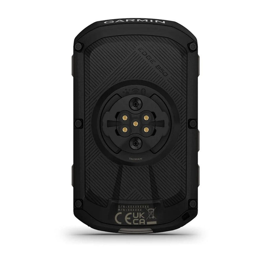 Vue arriere du compteur GPS tactile Garmin Edge 850 avec connecteur de fixation et details techniques