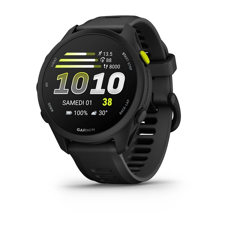 Montre connectee Garmin Forerunner 70 noire affichant ecran principal avec heure et suivi activite sportive