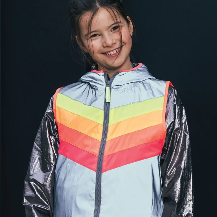 Gilet réfléchissant vélo enfant GoFluo Darkflow fermeture éclair capuche déperlant  polyester design grey reflective urbain