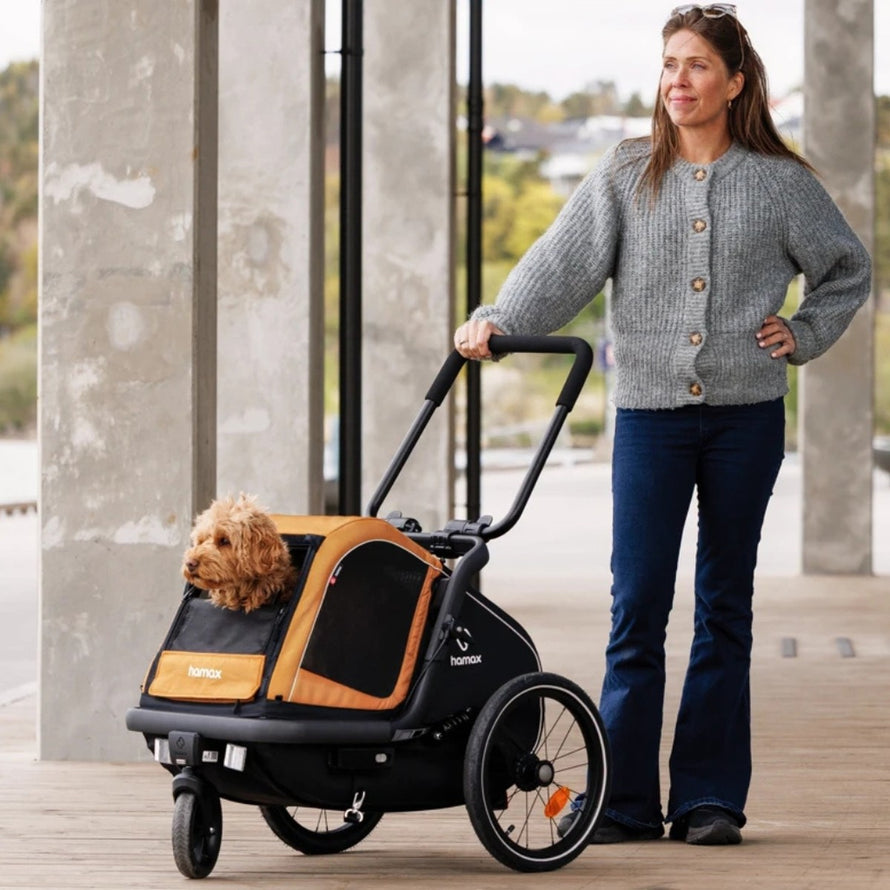 Kit poussette pour remorque vélo chien Hamax MILOU avec chien à linterieur et poignée de poussée