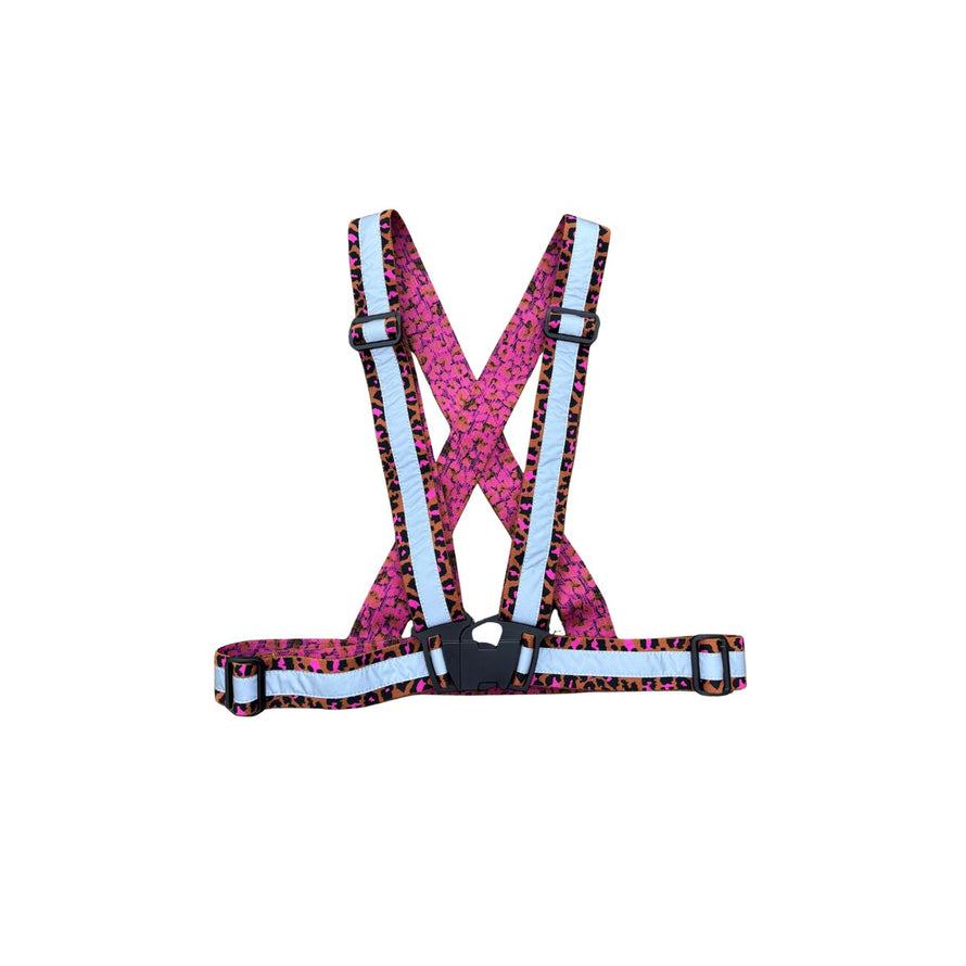 Harnais réfléchissant Suzon & Suzette motif léopard rose pour sécurité vélo et visibilité optimale