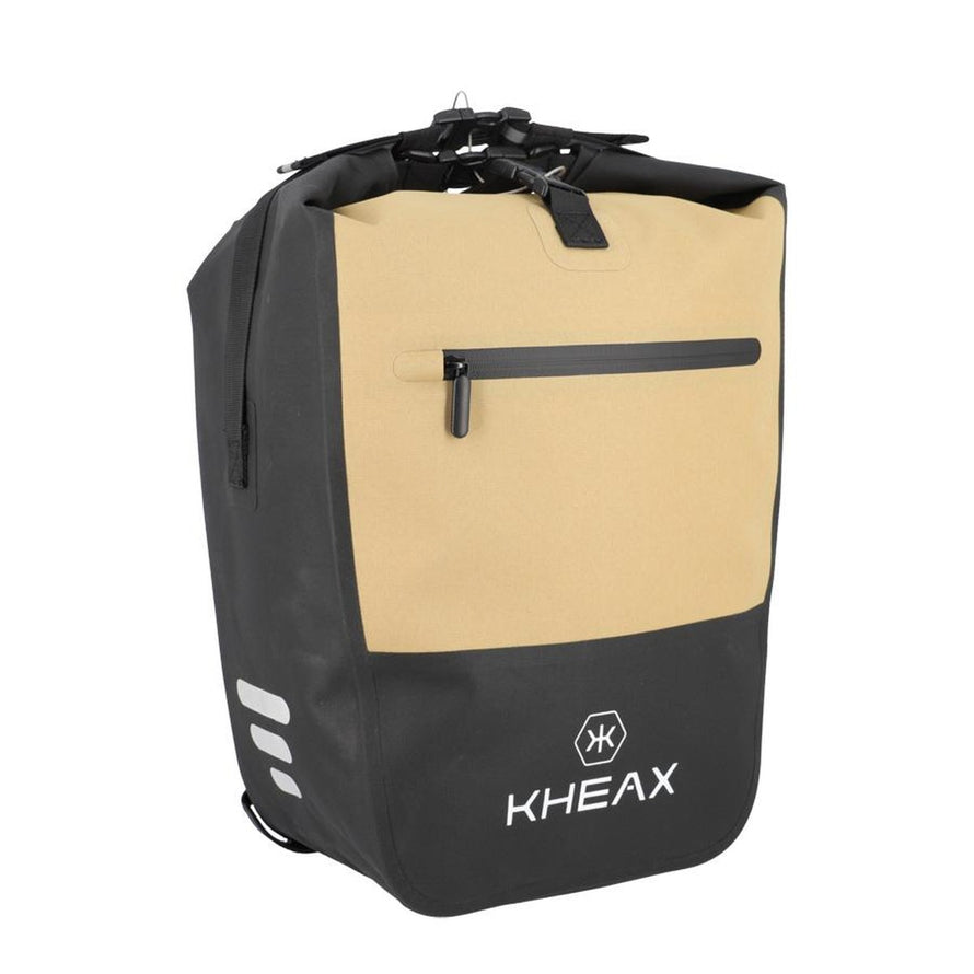 Sacoche vélo Kheax Izoard Edge beige avec poche avant zippée, étanche et résistante pour transport sécurisé