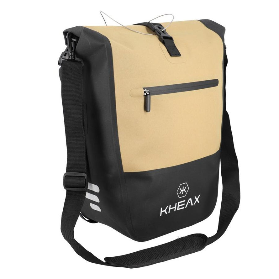 Sacoche de vélo Kheax Izoard Edge beige et noire, étanche avec bandoulière ajustable pour un transport pratique