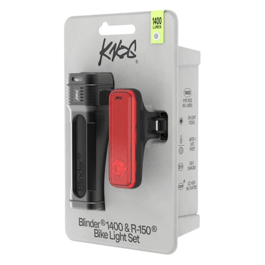 Kit eclairage velo Knog Blinder Pro 1400 et R150 avec lumiere LED puissante pour securite et visibilite optimale