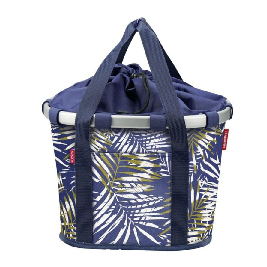 Panier avant velo Klickfix Bikebasket 15L bleu avec motif feuillage, pratique et stylé pour vos trajets urbains