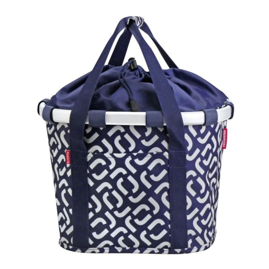 Panier avant vélo Klickfix Bikebasket 15L bleu motif géométrique avec cordon, pratique et facile à fixer