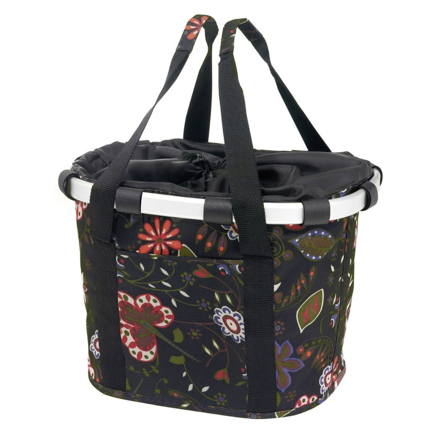 Panier avant vélo Klickfix Bikebasket 15L noir à fleurs multicolores, léger et pratique pour vos trajets urbains