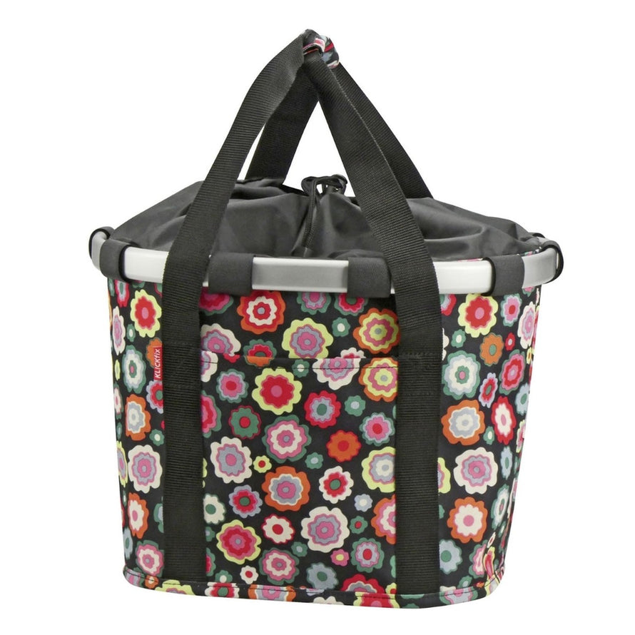 Panier avant vélo Klickfix Bikebasket 15L motif fleurs multicolores, pratique et léger pour vos trajets urbains