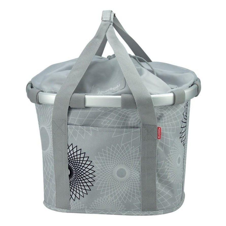 Panier avant vélo Klickfix Bikebasket 15L gris avec motifs floraux, léger et pratique pour transport urbain