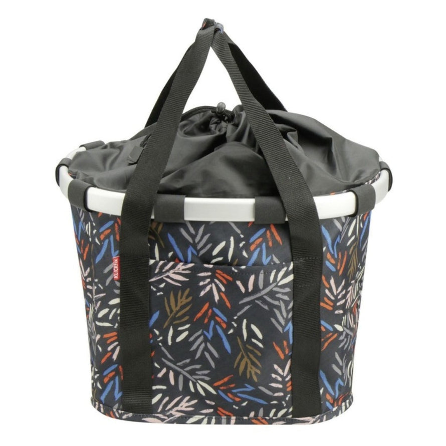 Panier avant vélo Klickfix Bikebasket 15L motif feuilles multicolores, léger et pratique pour vos trajets urbains