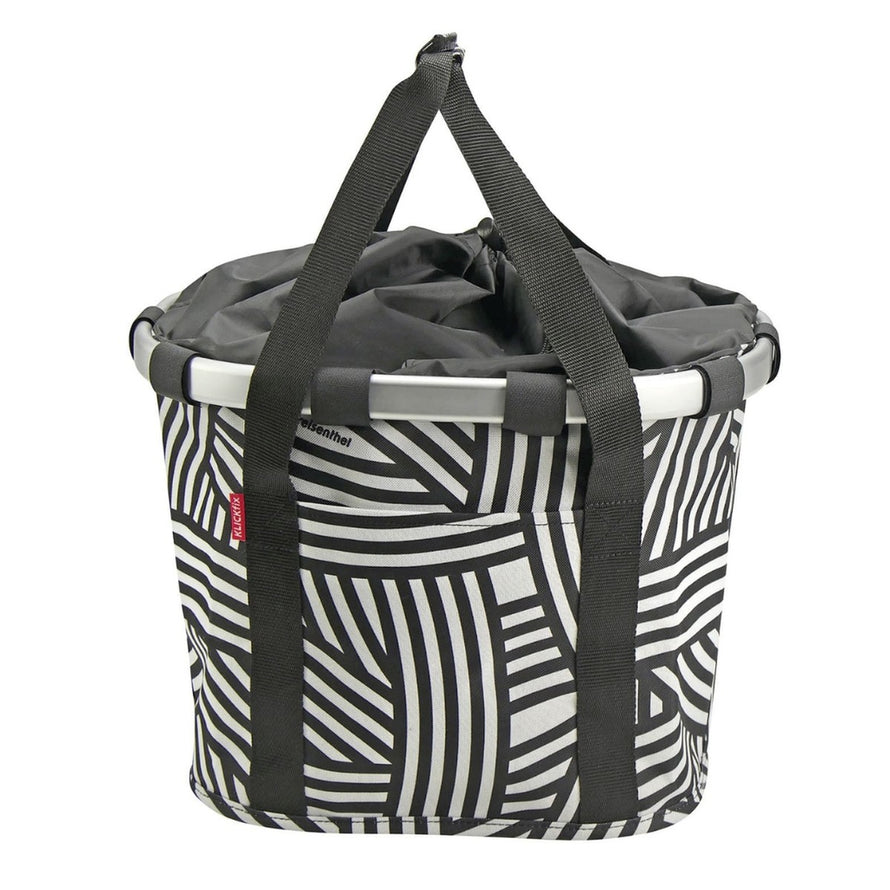 Panier avant vélo Klickfix Bikebasket 15L noir et blanc géométrique, robuste et pratique pour vos trajets quotidiens