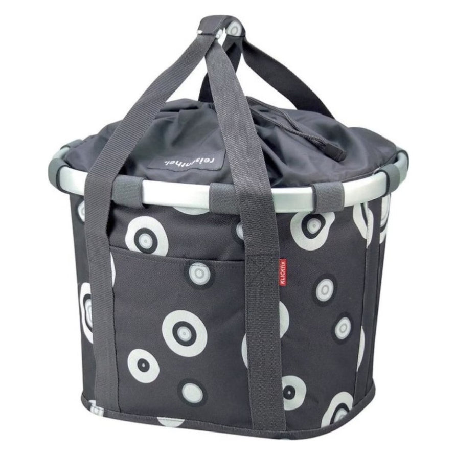 Panier avant vélo Klickfix Bikebasket 15L noir à motifs cercles blancs, léger et pratique pour usage urbain