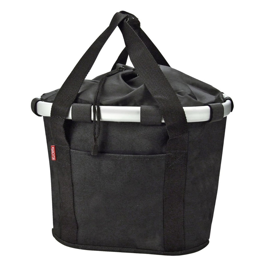 Panier avant velo Klickfix Bikebasket 15L noir compact avec fermeture cordon, ideal pour transport urbain