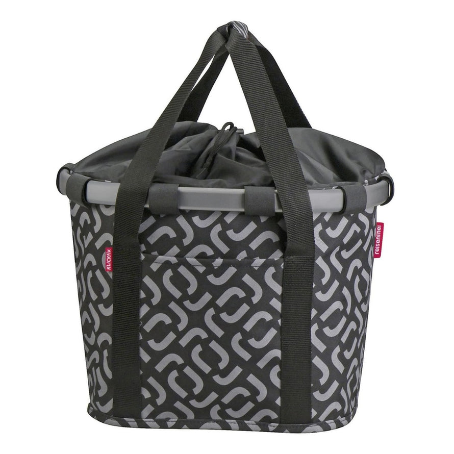 Panier avant velo Klickfix Bikebasket 15L noir motif repetitif, pratique et facile a fixer pour usage urbain