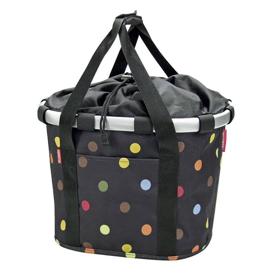 Panier avant vélo Klickfix Bikebasket 15L noir à pois multicolores, pratique et léger pour vos trajets urbains