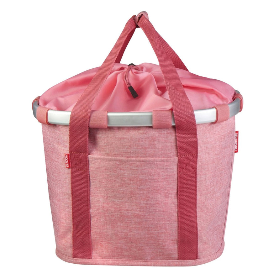 Panier avant vélo Klickfix Bikebasket 15L rose avec fermeture cordon, pratique et léger pour vos trajets urbains