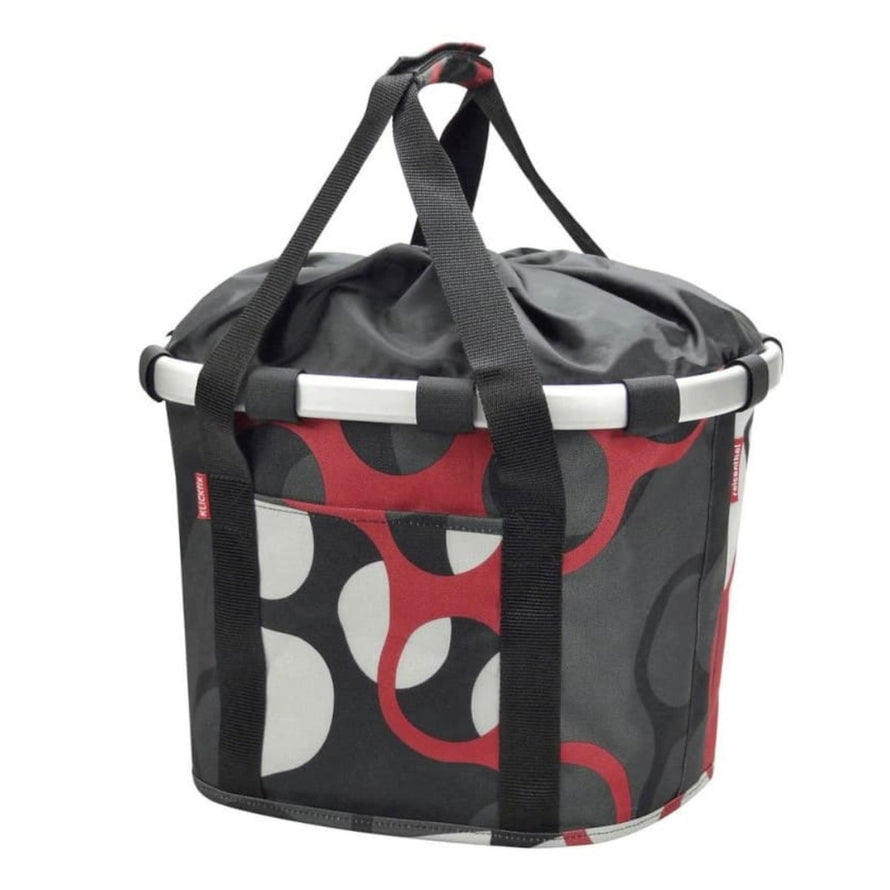 Panier avant vélo Klickfix Bikebasket 15L rouge et noir avec motif géométrique, pratique et léger pour la ville