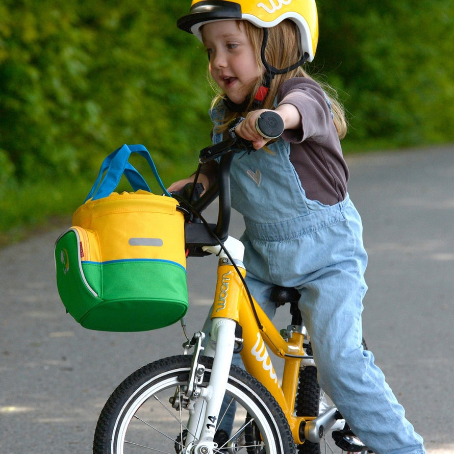 Panier vélo enfant Klickfix Lori Shopper 4L jaune bleu vert avec fixation guidon pratique et fermeture sécurisée