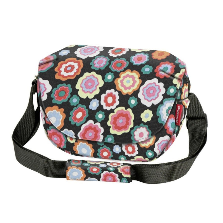 Sacoche guidon Klickfix FunBag 4L à fleurs multicolores avec bandoulière noire, légère et convertible pour vélo urbain