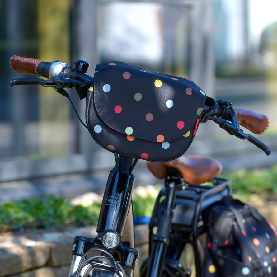 Sacoche guidon Klickfix FunBag 4L noire à pois multicolores, convertible et pratique pour vélo urbain