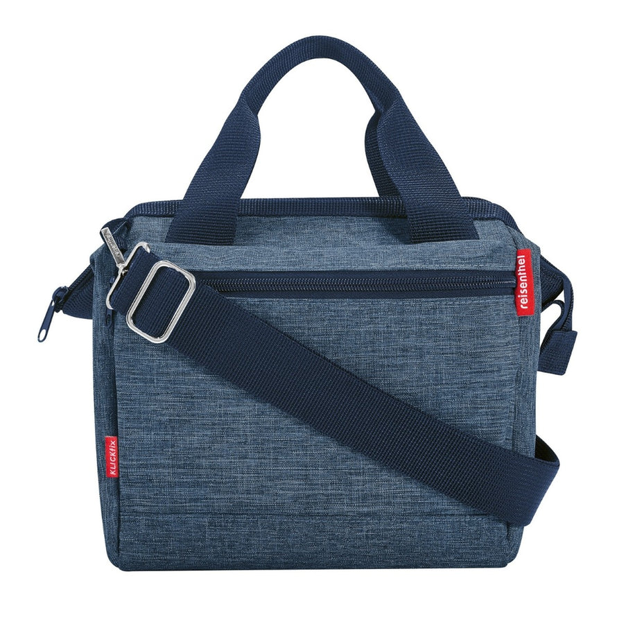 Sacoche guidon Klickfix Roomy 4L bleu denim avec bandoulière réglable, idéale pour vélo urbain et transport pratique