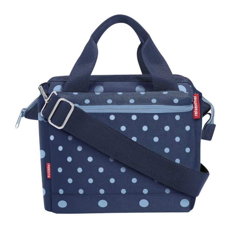 Sacoche guidon vélo Klickfix Roomy 4L bleu à pois avec bandoulière, pratique et élégante pour cyclistes urbains