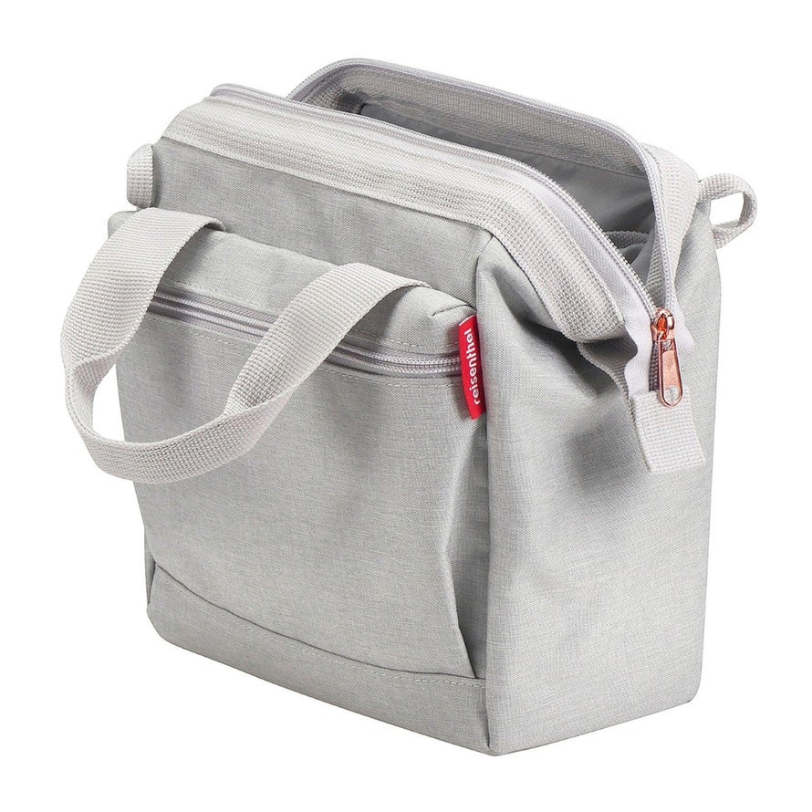 Sacoche guidon vélo Klickfix Roomy 4L gris clair avec bandoulière, ouverture zippée et design pratique