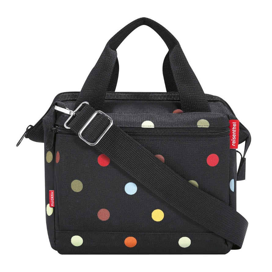 Sacoche guidon Klickfix Roomy 4L noire avec bandoulière, motifs points multicolores, pratique et légère pour vélo urbain
