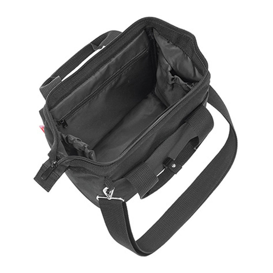 Sacoche guidon Klickfix Roomy 4L noire avec bandoulière, intérieur spacieux et compartiments pratiques