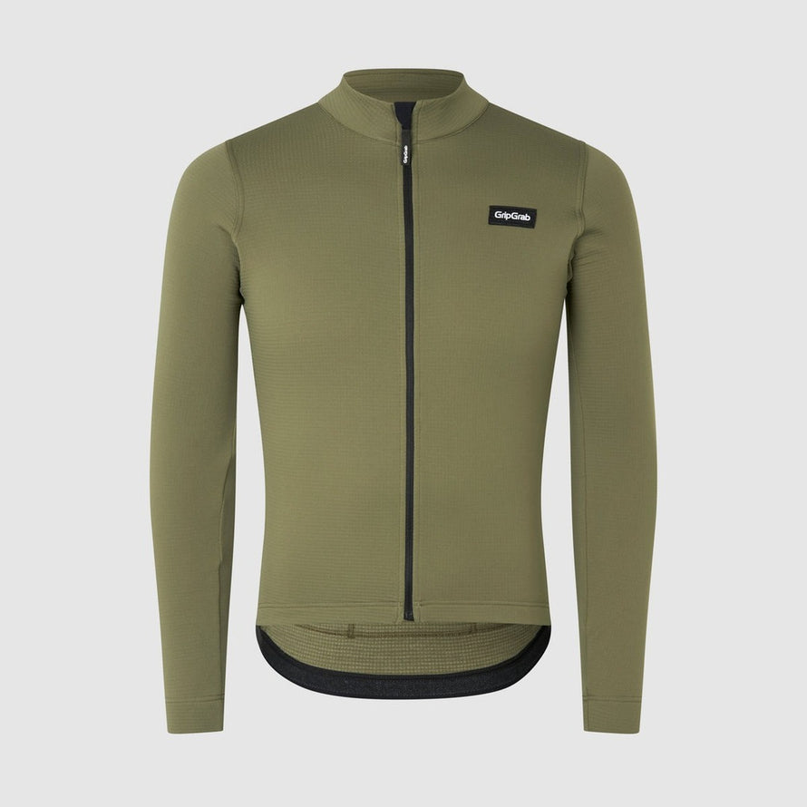 Maillot thermique GripGrab Merinotech Explr vert olive manches longues avec zip pour cyclisme hivernal performant