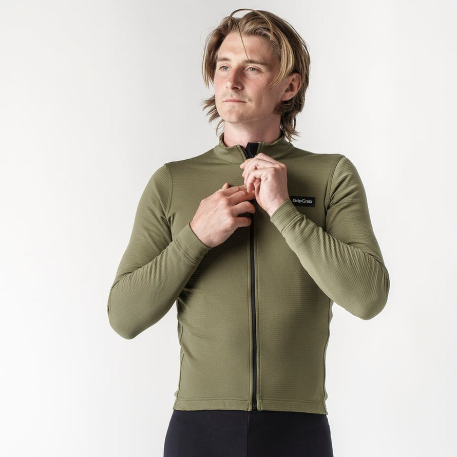 Maillot thermique GripGrab Merinotech Explr vert olive à manches longues avec zip pour cyclisme hivernal performant
