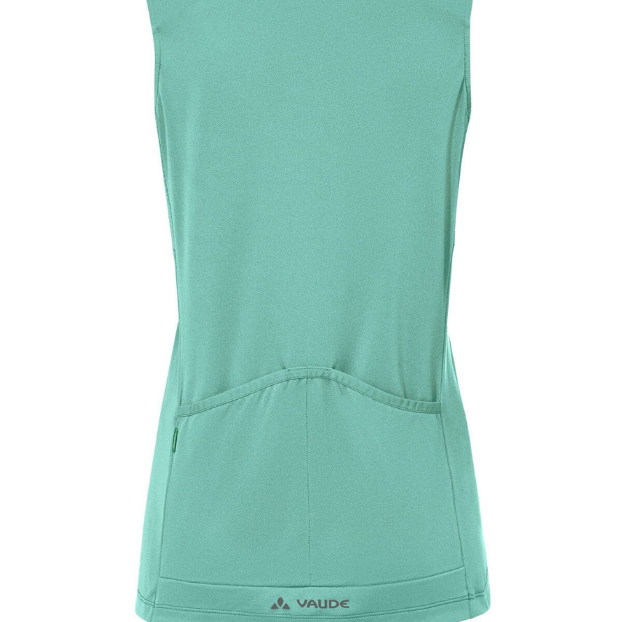 Maillot vélo femme Vaude Matera FZ menthe sans manches avec poches arrière, idéal pour cyclisme estival