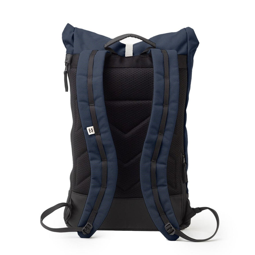 Vue dos sac a dos roll-top imperméable MeroMero Wanaka bleu et noir pour cyclistes urbains