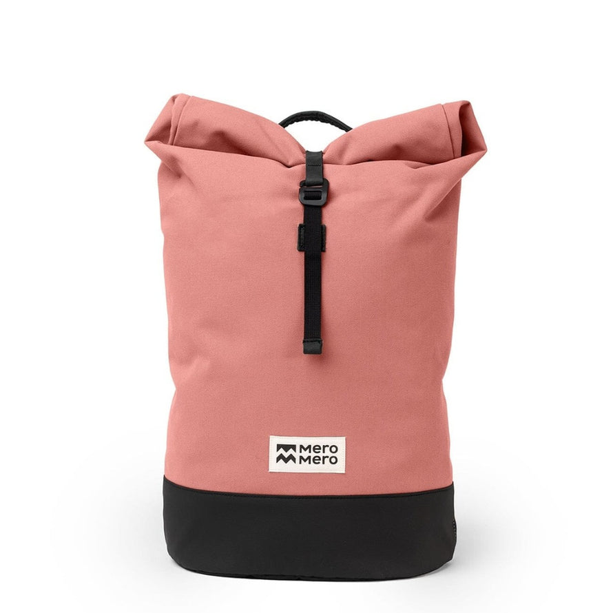 Sac a dos imperméable roll-top MeroMero Wanaka rose et noir, parfait pour les trajets urbains à vélo