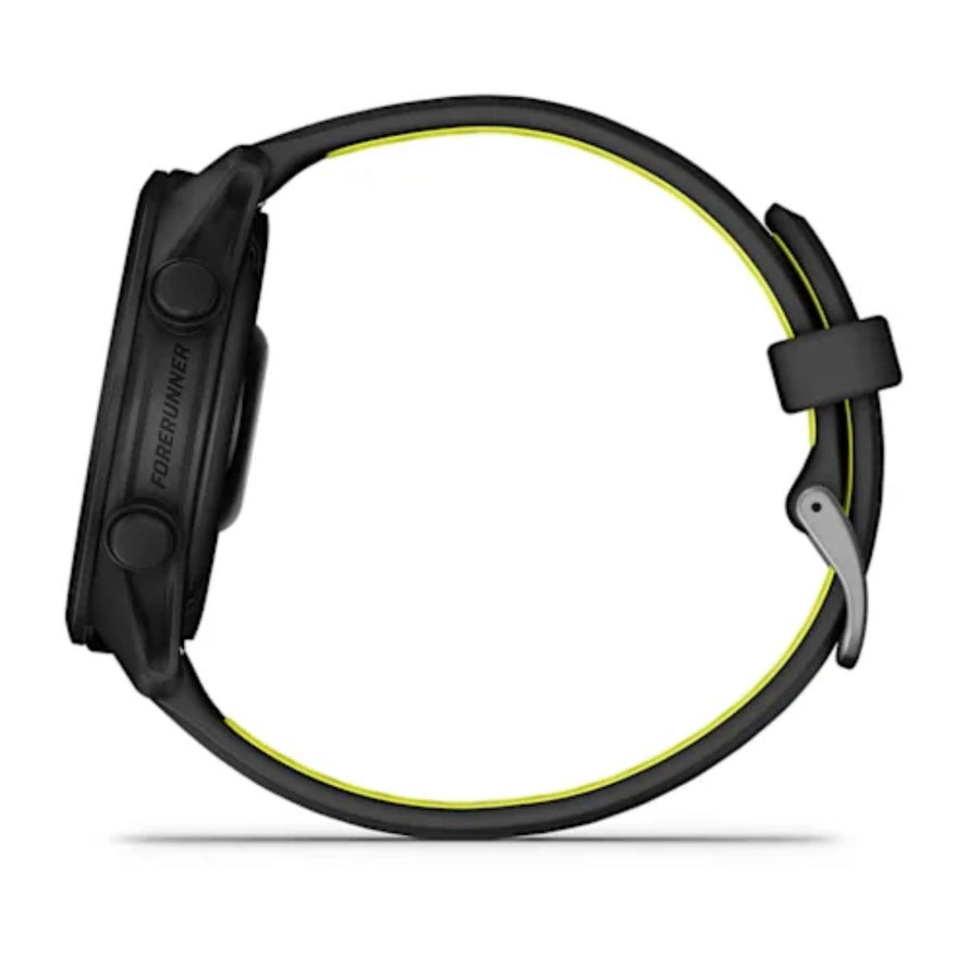 Montre connectee Garmin Forerunner 170 vue laterale avec bracelet noir et jaune pour sport et cyclisme