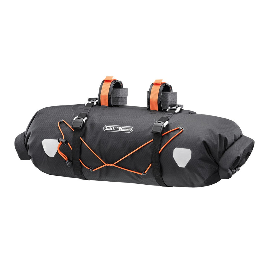Sacoche de guidon Ortlieb Handlebar Pack 9-15L noire pour bikepacking avec fixation et cordon orange