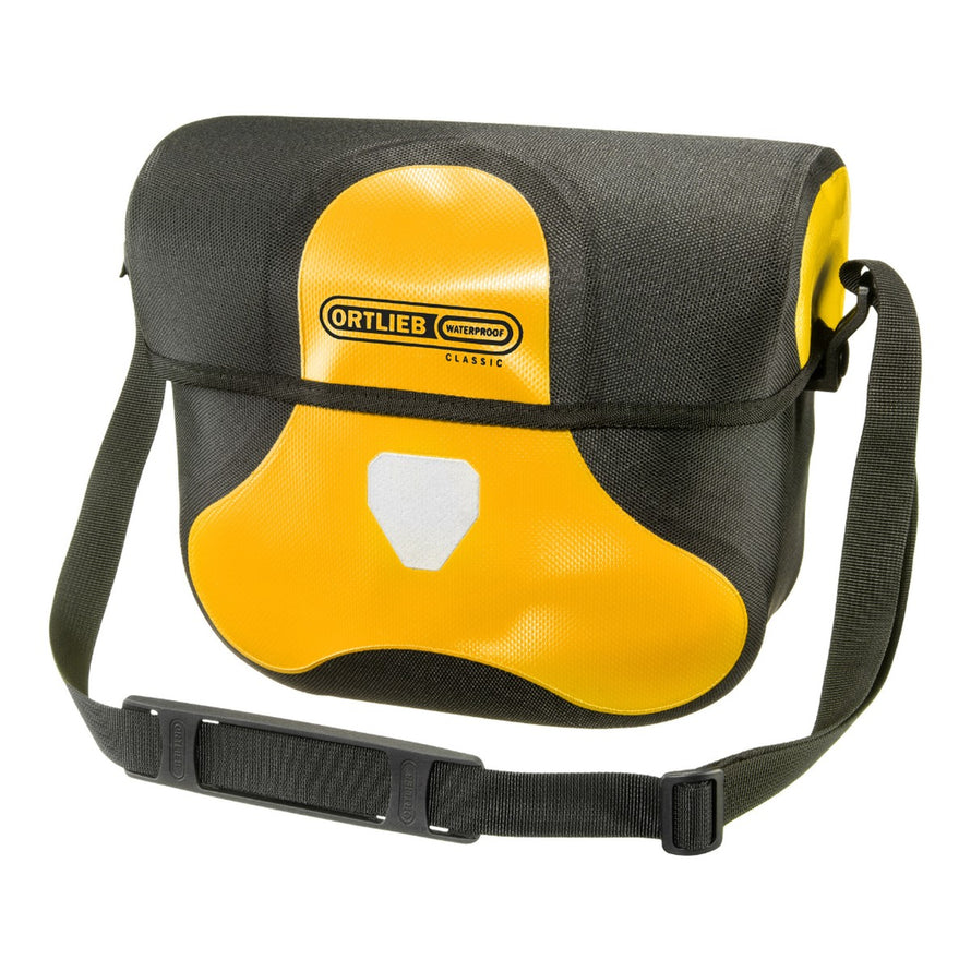 Sacoche guidon Ultimate SIX S classic Ortlieb jaune et noir avec fixation au choix, étanche et robuste pour cyclotourisme